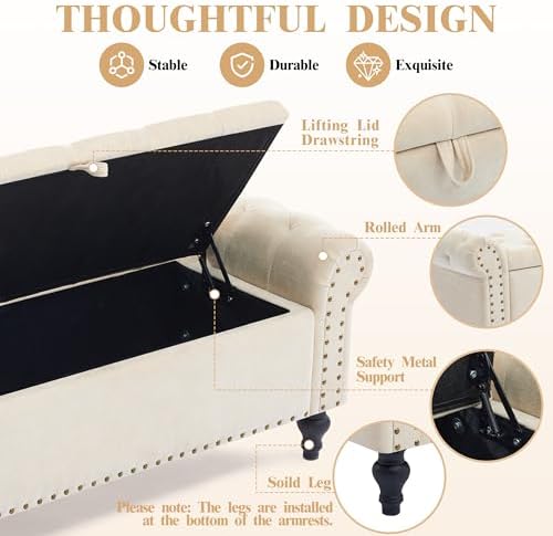 55" Storage Bench for Bedroom, Upholstered Ottoman Bench, Chenille Beige - Image 6