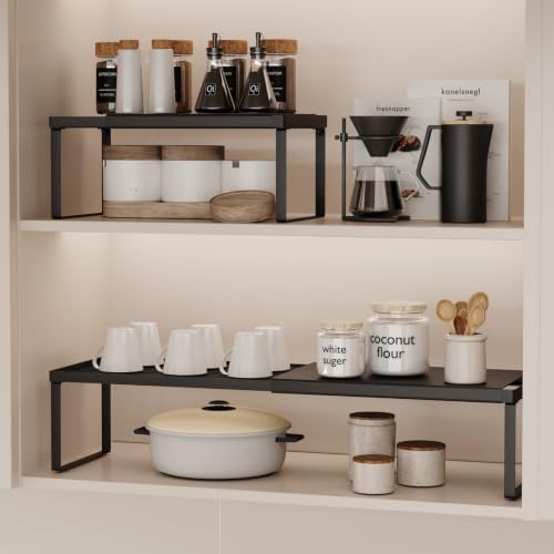 Magheo Expandable Cabinet Shelf Organizer, 1 Pack Stackable Kitchen Counter Shelf Riser, Metal Spice Rack Heavy Duty Countertop Organizer Storage for Kitchen, Pantry, Cupboard, Rv (5.9in Height,Black) by MAGHEO