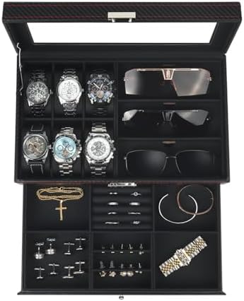 Kukikan Mens Jewelry Box Organizer, 6 Watch Slots & 3 Sunglasses -Black by KUKIKAN