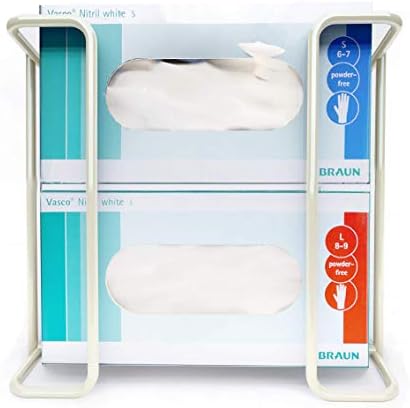 Glove Box Holder Wall Mount Dispenser for 2 Boxes, Powder Coated Metal Rack for Disposable Gloves and Tissue, Organizer for Kitchen, Lab, Garage, Hardware Included, White - Safety Supply Mart by Unknown