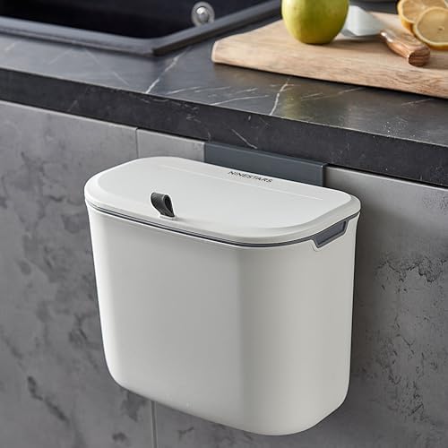 Ninestars 1.3 Gallon Kitchen Compost Bin, Cabinet Door Trash Can, White Plasitc Small Garbage Can withLid, 5 Liters Hanging Trash Can for Kitchen, Bathroom, Bedroom, RV (White) - Image 2
