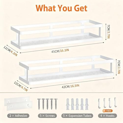 PUSDON 2-Pack 16.5" Extra Long Slim Shower Caddy, Adhesive Wall Mount Bathroom Organizer, Rustproof Open Frame Mesh Spice Rack for Kitchen, Holds 50LBS - White, Guardrail - Image 3
