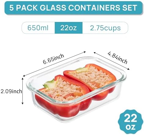 Vtopmart 5Pack 22oz Glass Storage Containers with Lids, Glass Meal Prep Food Container Sets with Snap Airtight Lids for Microwave, Oven, Freezer and Dishwasher, Grey (Pack of 2) - Image 2