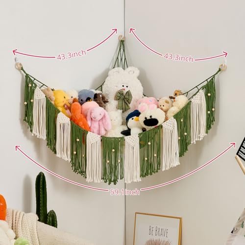 Pretty Jolly Stuffed Animal Hammock with Weaving Tassels and Beads Avocado Green - Image 5