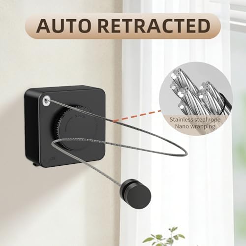 Anti-Sag Retractable Clothesline 40LB Capacity - 201in Stainless Steel Laundry Line for Indoor Outdoor, Wall Mounted Space Saving Easy Install (Black, with Pole) - Image 7
