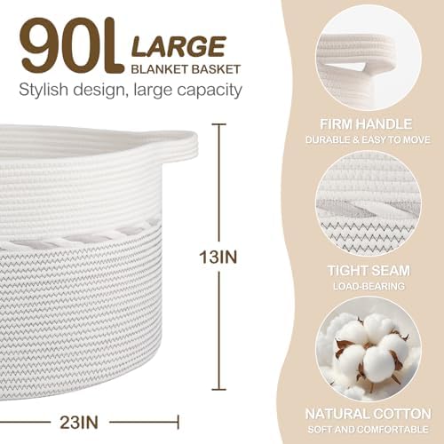 OIAHOMY 90L Extra Large Blanket Basket - Decorative Cotton Rope Storage Basket for Bedroom, Living Room & Nursery - Woven Laundry Hamper for Organizing Blankets, Clothes & Toys - Light Grey & White - Image 2