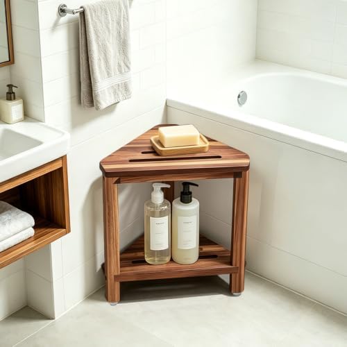 IBosins Corner Shower Stool 16.1in Small Bench Storage Shelf Natural Finish - Image 5