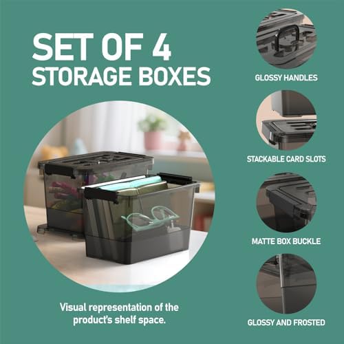 4 Pack 7 Quart Clear Black Storage Bins with Latching Lids, Stackable Plastic Storage Containers for Closet, Pantry & Garage Organization - Image 5