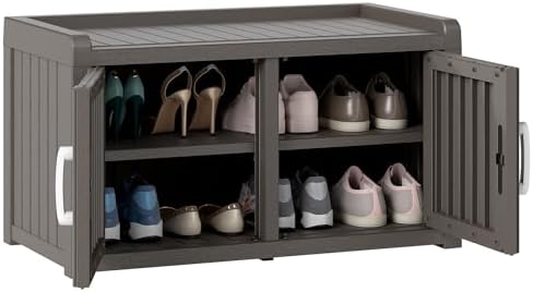 2-Tier Storage Bench, Waterproof UV-Resistant Outdoor Shoe Storage Cabinet with 2 Doors & Adjustable Shelves for Indoor Outdoor Entryway, Hallway, Living Room (Grey) by NBYSGO