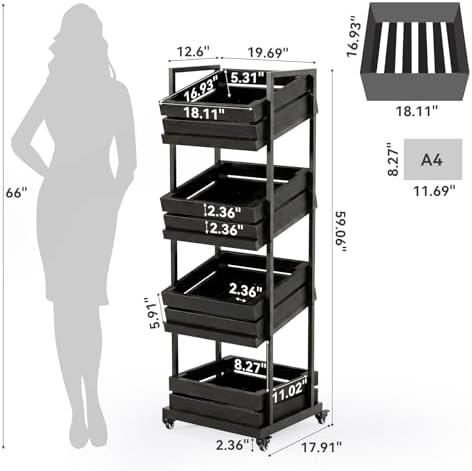 LITTLE TREE 4-Tier Basket Stand with Locked Wheels, Mobile Fruit and Vegetable Storage, Floor Stand Rack, Utility Shelf, for Kitchen, Living Room, Pantry (Black, 2) - Image 3