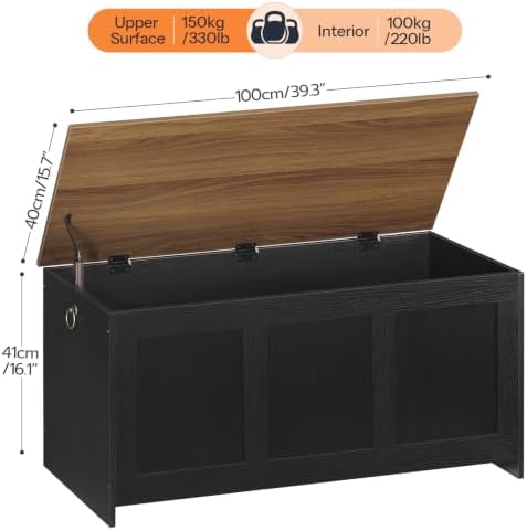 HOOBRO Storage Bench, 39.3" Retro Wooden Storage Chest, Wooden Storage Trunk, Toy Chest with Lift Top, Multifunctional Entryway Organizer, for Entryway, Living Room, Black and Walnut BH141CW01G1 - Image 3
