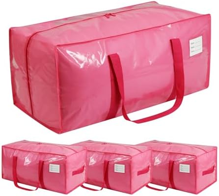 VTSVTS 4 Pack Extra Heavy Duty Large Moving Bags with Comfortable Handle & Strong Zipper,Storage Totes for Space Saving Moving Storage College Supplies Alternative to Moving Box,Pink by VTSVTS