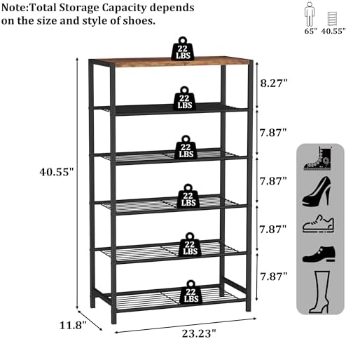 HOMEFORT Shoe Rack 6-Tier, Shoe Storage Shelf, Industrial Shoe Tower, Narrow Shoe Organizer for Closet Entryway, Small Shoe Rack Table with Durable Metal Shelves, Rustic Brown - Image 3