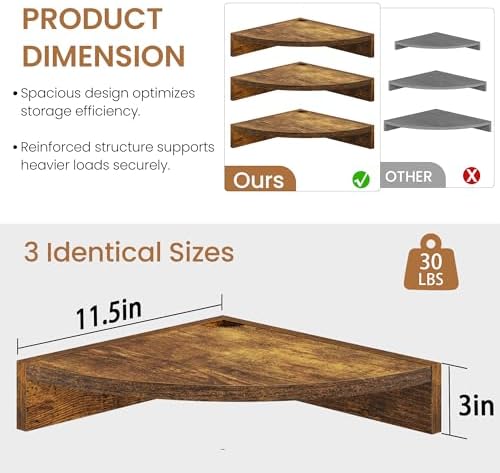 Fun Memories Corner Shelf Wall Mount, Wood Floating Corner Shelves, Corner Wall Shelf for Bedroom, Bathroom, Kitchen, Living Room (Brown, 3 Pack) - Image 3