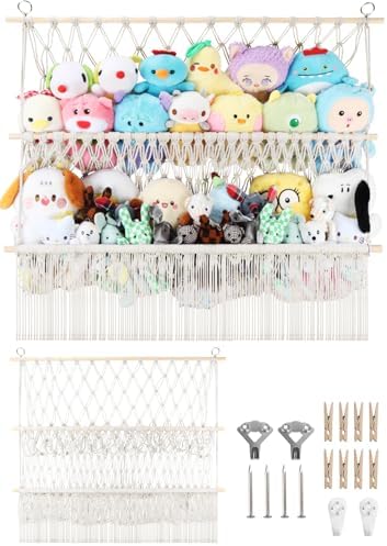 2 Tier Stuffed Animal Storage Shelf Net, 35x30'' Large Plushie Net Beige by iHansee