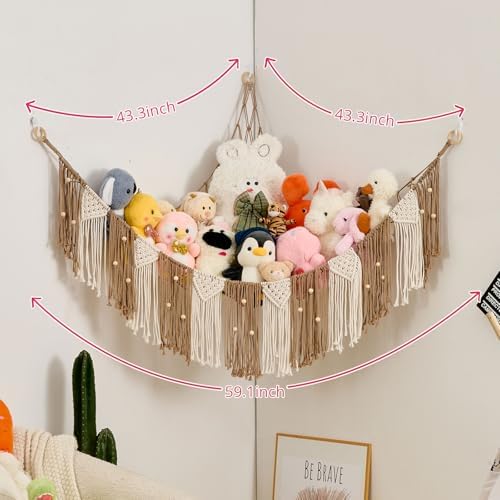 Pretty Jolly Stuffed Animal Hammock with Weaving Tassels and Beads Milk Coffee - Image 5