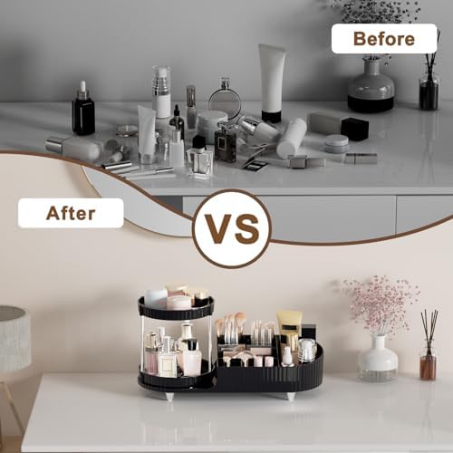 Makeup Organizer Countertop for Vanity with 2 Rotating Perfume Trays, 5-Compartment Skincare Organizers and Make Up Desk Storage, Cosmetic Organizer with Brush Holder for Bedroom Bathroom Counter - Image 6