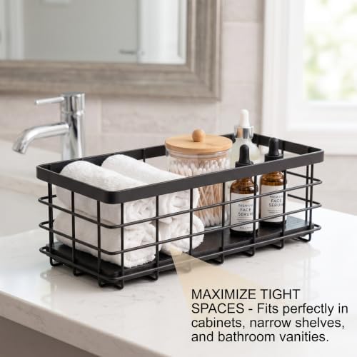 Small Metal Wire Storage Basket with Wood Base (Black+Black, 4 Pack) - Image 5