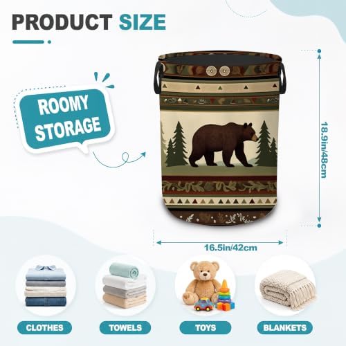 Laundry Hamper,Rustic Bear Forest Collapsible Laundry Basket with Handles,Lodge Cabin Waterproof Oxford Cloth Clothes Organizer for Bedroom Bathroom Dorm Nursery,16 x 20 Inch - Image 2