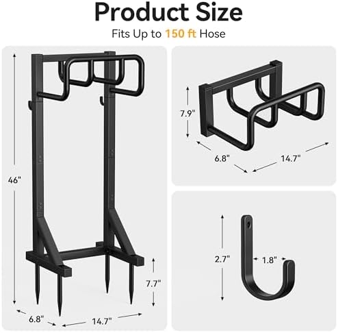 Garden Hose Holder Stand, Freestanding Heavy Duty Metal Hose Holder with Stable Base and Tool Hooks, Rustproof Water Hose Storage Rack for Outside Yard Lawn（2 Pack) - Image 7