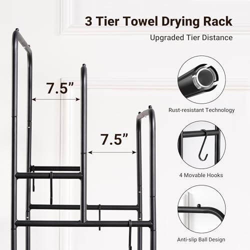 ELYKEN 3 Tier Freestanding Towel Rack with Shelf, 40" H Towel Stand, Black - Image 4