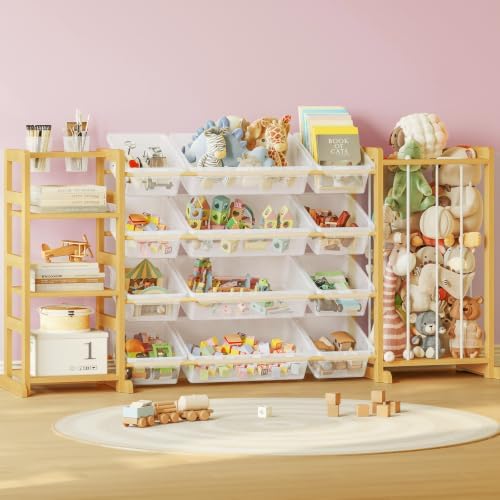 3-in-1 Montessori Toy Organizer with Bookshelf,12 Clear Bins &Plush Storage by AnmonPeelandStickWallpaper