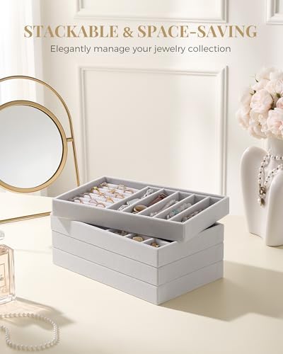 Lolalet Jewelry Drawer Organizer Inserts, Stackable Velvet Tray Jewelry Storage Organizers Set Display Cases for Necklaces Bracelets Earrings Rings Chains Bangles Watches, Grey, Set of 4 - Image 3