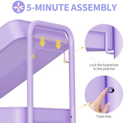 TOOLF 3 Tier Metal Rolling Cart, Utility Storage Cart with Wheels, Purple - Image 3