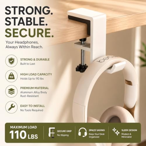 Headphone Stand - Aluminum Alloy Headphone Holder, Under Headset Stand for Desk Fit for PC Gaming Headset Hanger Hook Suitable for Office, Computer, Student Class Desk, Handmade Creator Table (White) - Image 4