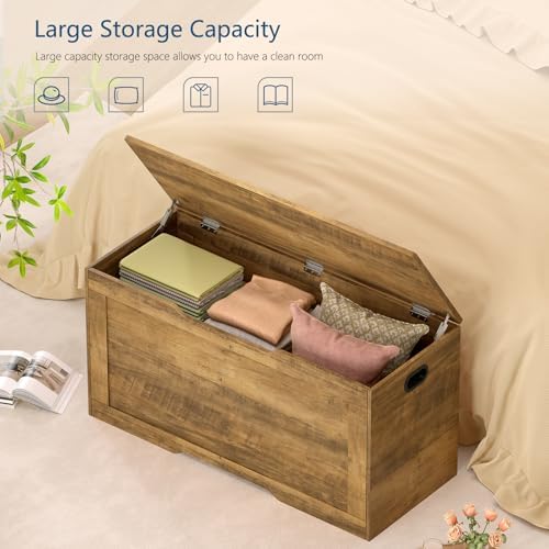 usikey 39.4” Storage Bench, Toy Box with 2 Safety Hinges, Lift Top Storage Chest, Toy Chest for Living Room, Bedroom, Entryway, Honey Brown - Image 4