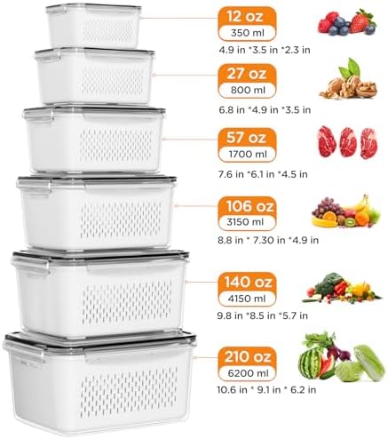 6 PCS Fruit Storage Containers for Fridge with Removable Colanders, 6 Plastic Food Storage Containers with 6 Lids, Leakproof Produce Containers Keep Fruits, Vegetables, Berry, Meat Fresh Longer - Image 3
