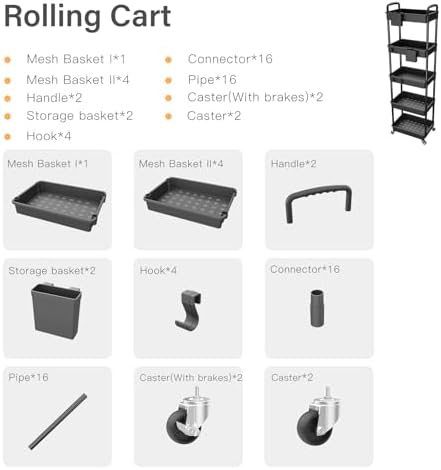 5 Tier Rolling Utility Cart with Handle,REBECAT Utility Cart Made of Multifunctional Storage Organizer Tool for Kitchen,Bathroom,Living Room,Office(Black) - Image 4