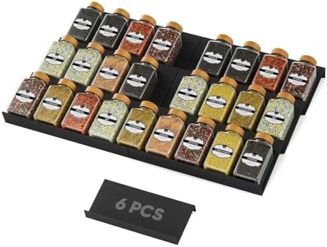 Spice Drawer Organizer, Spice Rack Tray for Kitchen Cabinet, Expandable Seasoning Storage Rack Insert for Drawer/Countertop,6 Pieces Set, ABS (Jars Not Included) by Artibear