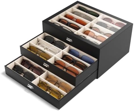 NEWLOOP Sunglass Organizer Display Case - Sunglasses Holder for Men Women Multiple Pair Eye Glasses Storage Organizer 3-Layer Jewelry Watch Eyeglass Collection Box with 30 Slots, Black by NewloopStorageBox-Nomess