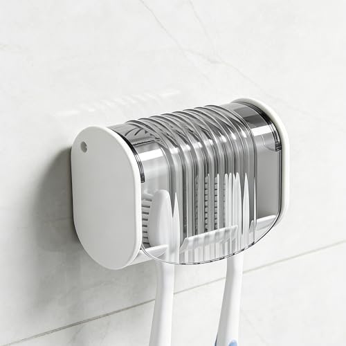1 Pack Toothbrush Holder Wall Mounted with Cover for Bathroom, 2 Slots Toothbrush Storage Organizer for Shower, Self Adhesive Toothbrush Hanger (Grey) by LUEXBOX