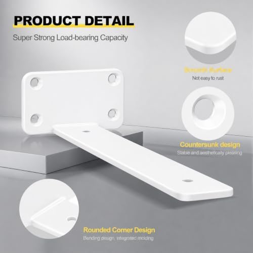 6 Pack - 7 inch White Hidden L Shelf Bracket (1/5 Inch Thicked) Iron Floating Shelf Brackets Rustic Industrial Metal Brackets for Shelf Support - Image 4