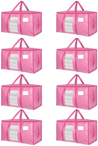8 Pack Extra Large Moving Bags Heavy Duty 180GSM,130LBS 100L Totes with Visible Window, Zippers & Wrap-Around Handles, Waterproof Reusable, Alt to Moving Boxes, Pink by Unknown