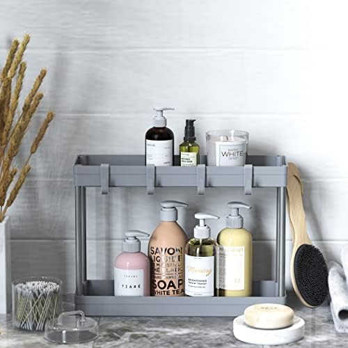 Simple Houseware 2-Tier Under Sink Organizer Storage Tray with Hooks, Grey - Image 3