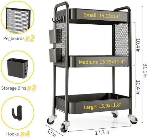 TOOLF 3 Tier Rolling Cart, Metal Utility Storage Cart with Pegboard, Black - Image 7