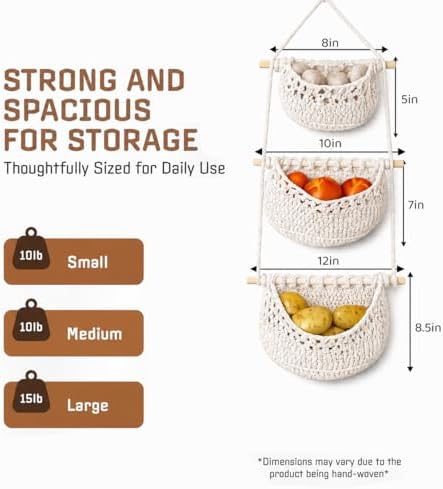 Cotton Hanging Fruit Basket, 3 Tier Woven Wall Basket, Hanging storage baskets for Kitchen and Bathroom, Macrame Wall Hanging, Boho Decor Over The Door Organizer, White - Image 3