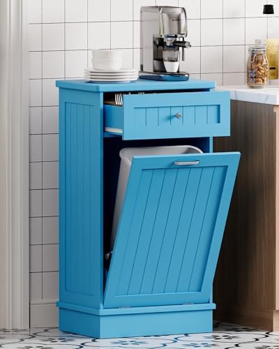 Betterhood 10 Gallon Tilt Out Trash Cabinet with Big Storage Drawer, Solid Wooden Trash Garbage Can Cabinet, Mid-Century Modern Recycling Cabinet & Laundry Sorter for Kitchen Dining Room, Light Blue by Betterhood