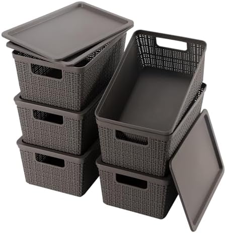 6 Pack Plastic Storage Baskets with Lid,Grey Stackable Bins by WRRLORS