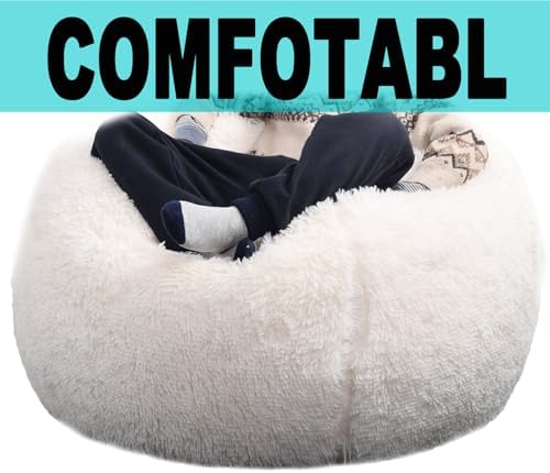 Fluffy Stuffed Animal Storage Bean Bag Chair Cover (No Filler), Faux Fur Comfy Bean Bag Cover for Organizing Plush Toys or Textile, for Adults Teens Kids Girls, Beige - Image 3
