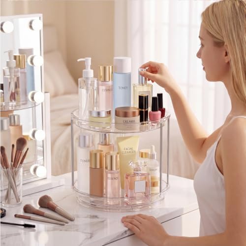 Rotating Makeup Organizer for Vanity, Skincare Holder with 2 Tier Tray - Image 3