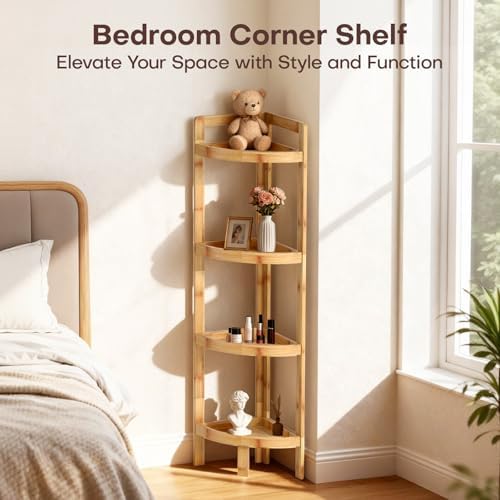 2026 New Bamboo Standing Shelf, 4 Tier Corner Shelf Stand, Free-Standing Shelf Units, Triangular Curved Corner Shelf Stand for Space-Saving Display Ideal for Bathroom/Kitchen/Living Room Storage - Image 5