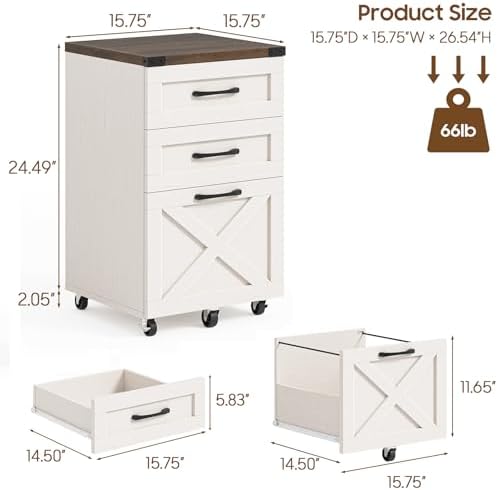 Halitaa Farmhouse 3 Drawer Small File Cabinet with Wheels, Rustic White - Image 3