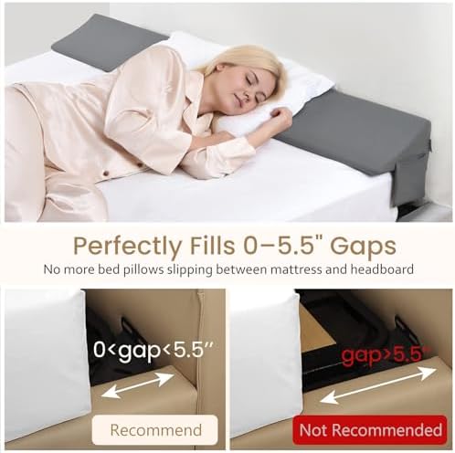Vekkia King Bed Wedge Pillow for Headboard Gap Filler (0–5.5"), Prevents Pillows & Items from Falling, High-Density Foam Mattress Gap Filler with Pockets, Removable Cover, Gray, 76"x10"x6.5" - Image 4