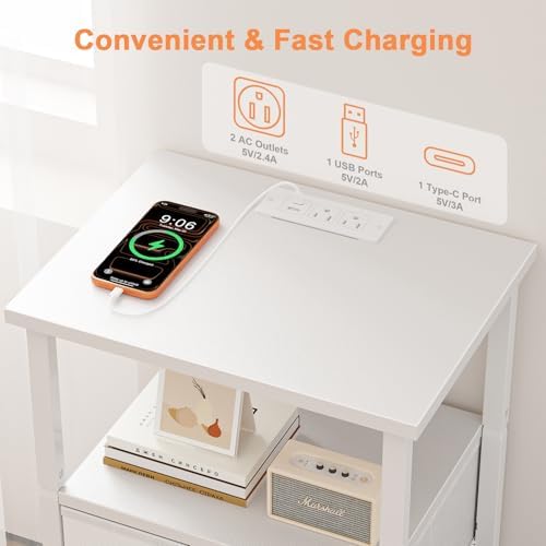 Nightstand with Charging Station, Bedside End Table with 2 Fabric Drawers for Bedroom, Side Table with USB Ports and Outlets (White) - Image 3