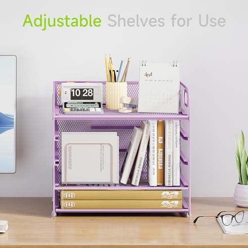 Cawukege 5 Tier Paper Organizer with Handle, Metal Mesh Desk Organizer File Folder Paper Letter Tray Desktop Document Sorter for Classroom, School, Office Accessories Organization and Storage - Purple - Image 2
