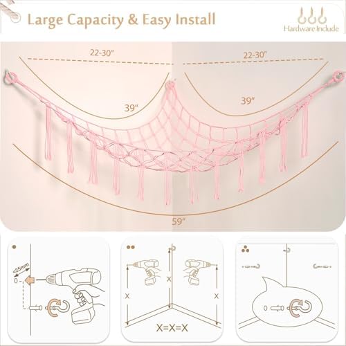 YKBU Stuffed Animals Hammock Corner Hanging Net with Wooden Beads Macrame Stuffed Animal Storage Ideas Plush Holder Toy Organizer for Boho Nursery Playroom Bedroom Kids Room Décor (light pink, Large) - Image 5